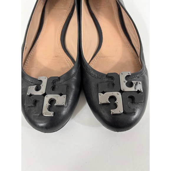Tory Burch Black Lowell Leather Ballet Flats Embellished Logo Size 7 M - Picture 2 of 16